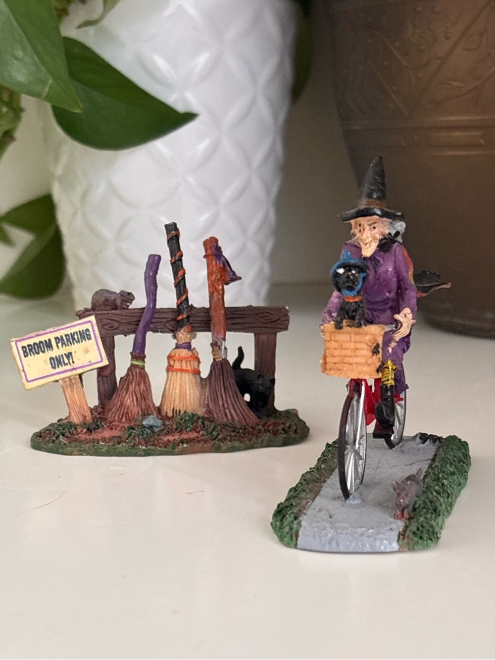 Lemax Halloween Witch Black Cat in Basket & Broom Parking Ornaments